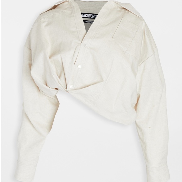 Jacquemus Mejean Cropped Twisted Cotton and Linen-Blend Shirt Neutrals FR40 - Picture 6 of 14